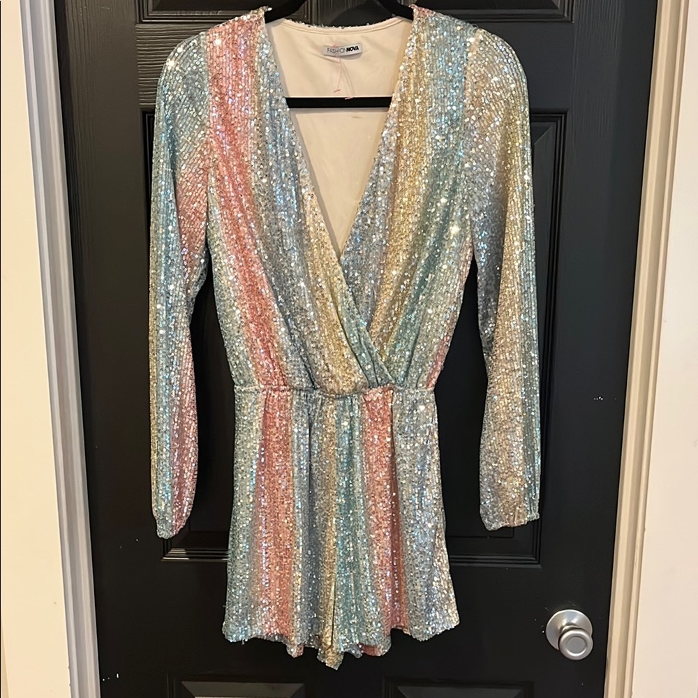 Fashion Nova Sequin Long Sleeve Romper